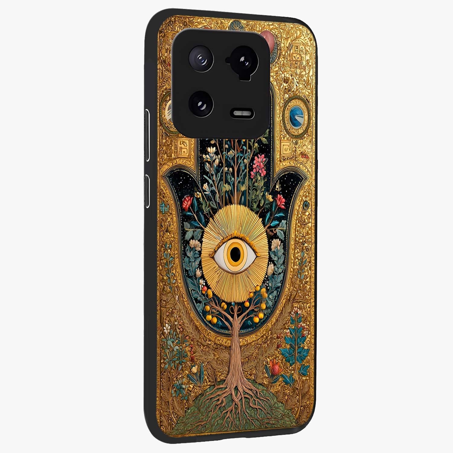 Ethereal Evil Eye Glass Case upright view showcasing celestial evil eye artwork with mystical theme.