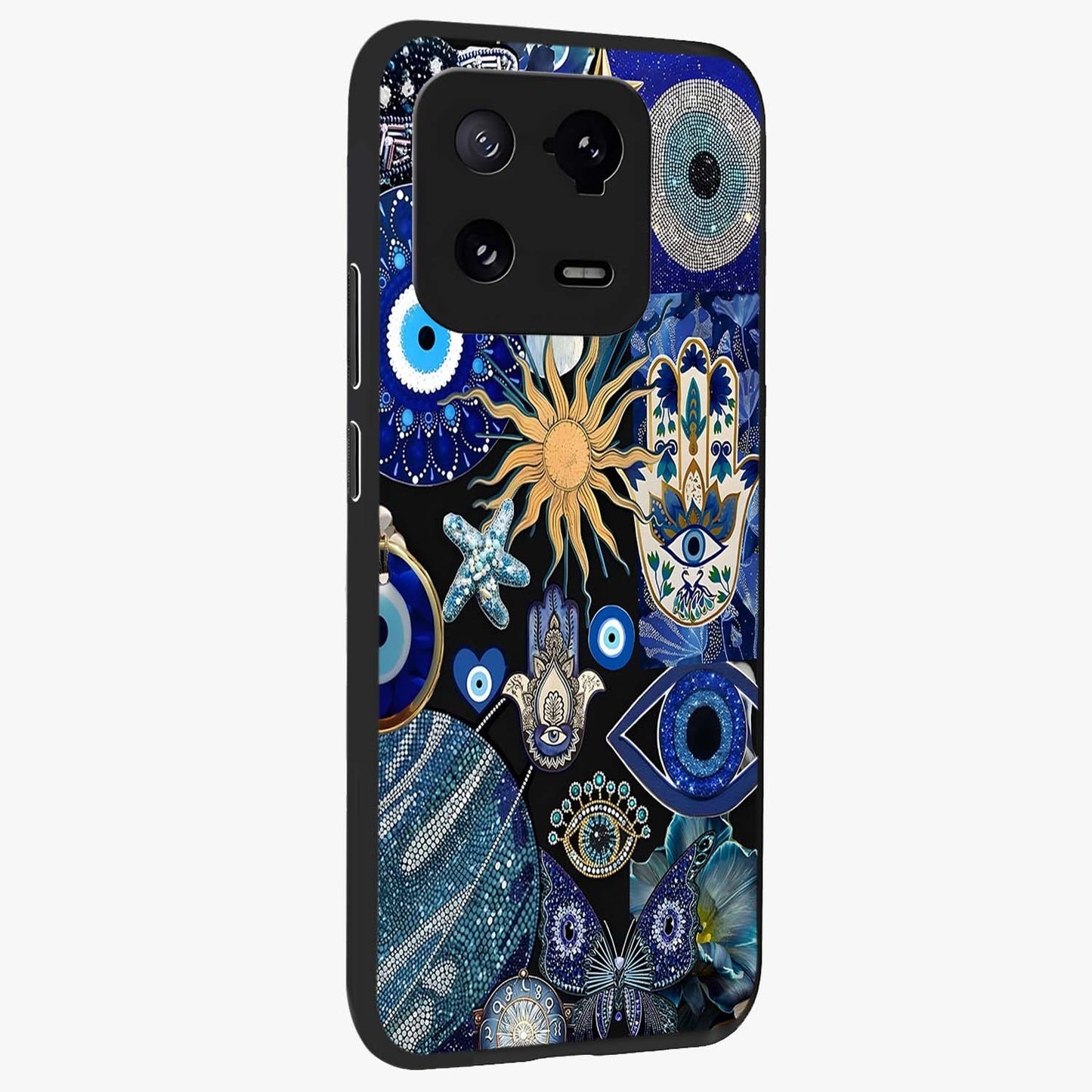 Evil Eye Charm Mix Glass Case upright view showcasing mystical evil eye pattern with vibrant decorative style.
