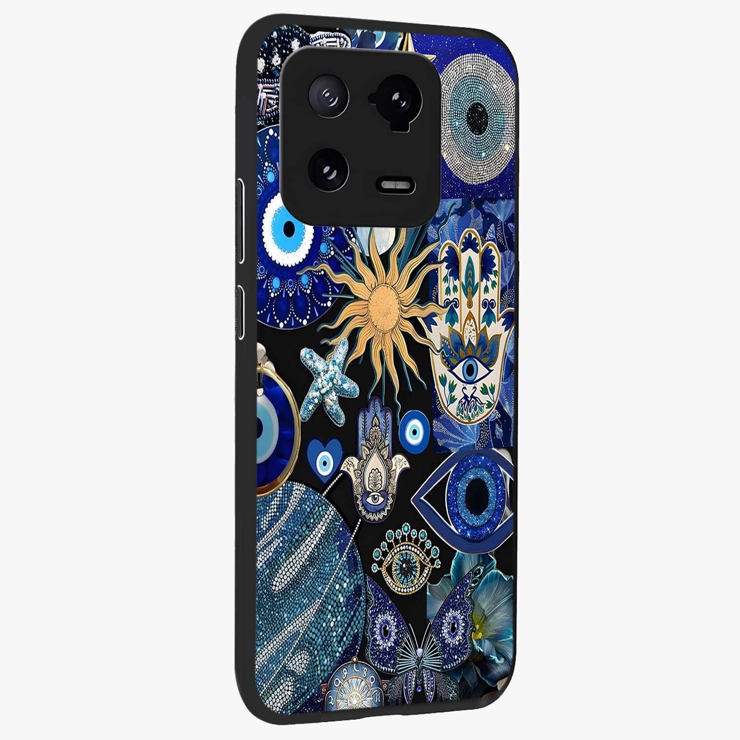 Evil Eye Charm Mix Glass Case upright view showcasing mystical evil eye pattern with vibrant decorative style.