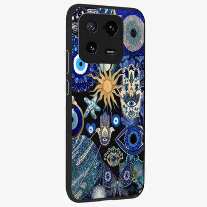 Evil Eye Charm Mix Glass Case upright view showcasing mystical evil eye pattern with vibrant decorative style.