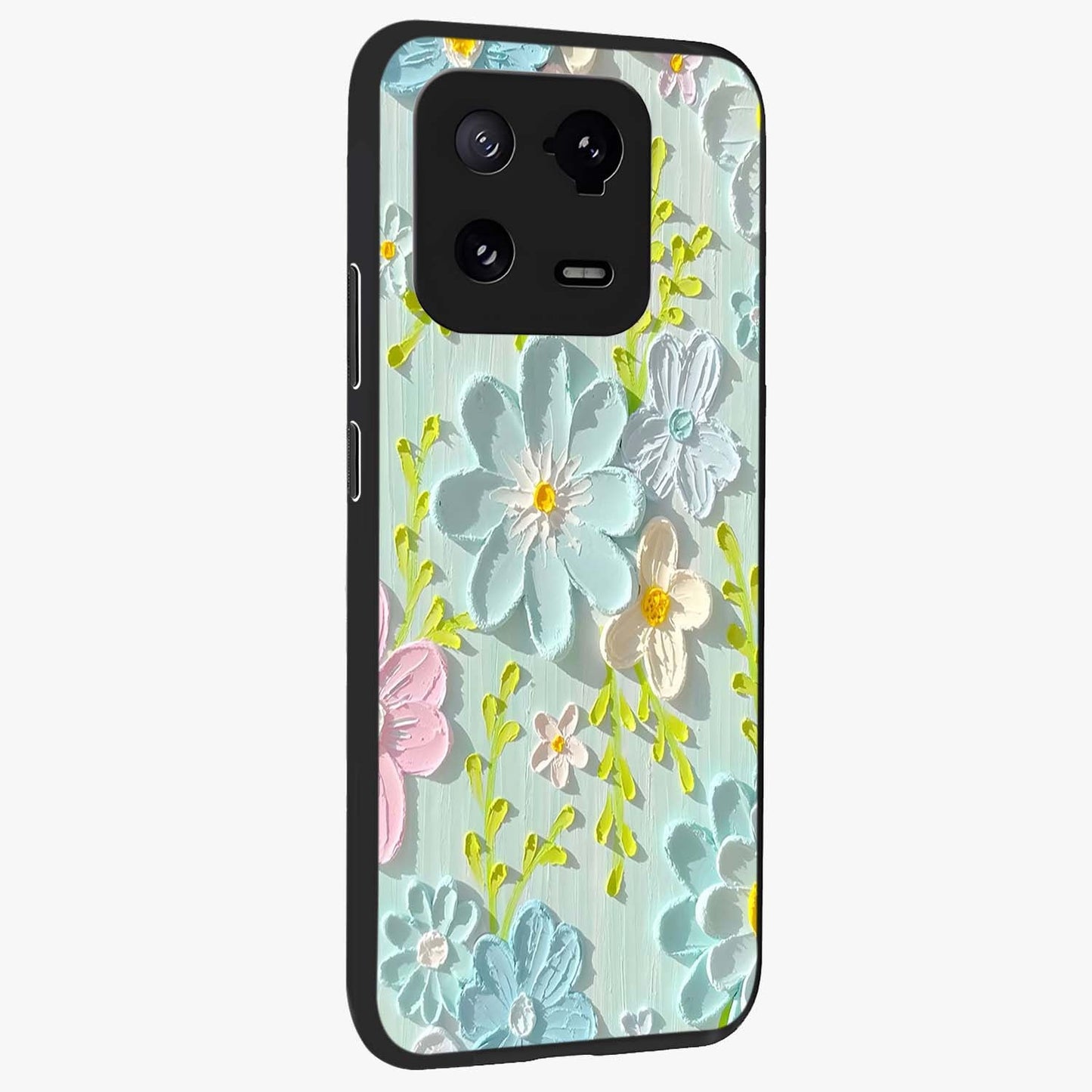 Frosted Petal Garden Glass Case upright view showcasing elegant floral garden artwork with soothing pastel theme.