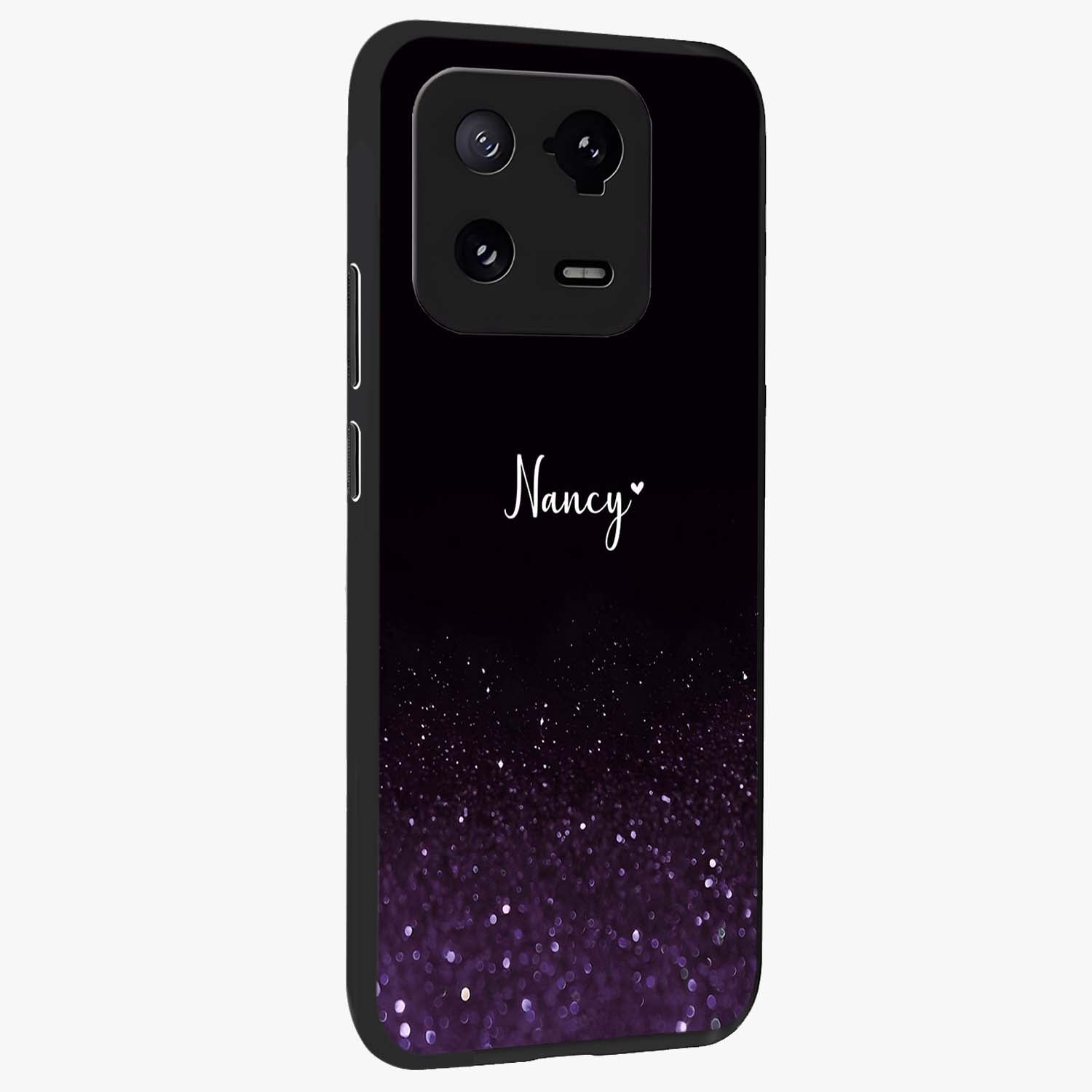 Glittery Purple Bokeh Custom Name Glass Case upright view showcasing vibrant purple sparkle artwork with personalized aesthetic style.