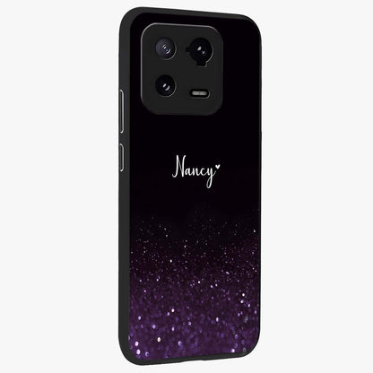 Glittery Purple Bokeh Custom Name Glass Case upright view showcasing vibrant purple sparkle artwork with personalized aesthetic style.