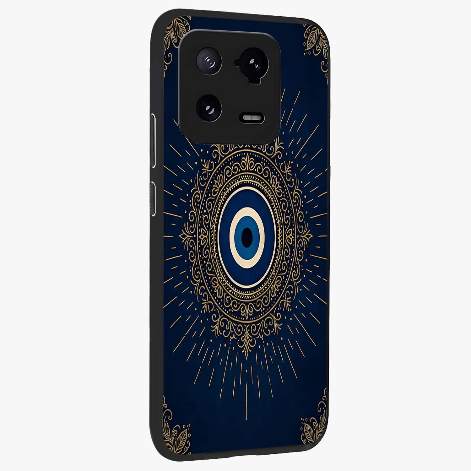 Golden Celestial Charm Glass Case upright view showcasing radiant celestial artwork with elegant golden theme.