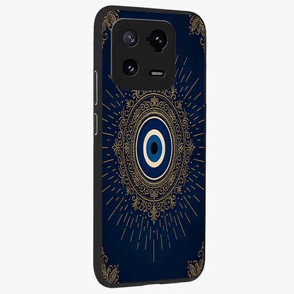 Golden Celestial Charm Glass Case upright view showcasing radiant celestial artwork with elegant golden theme.