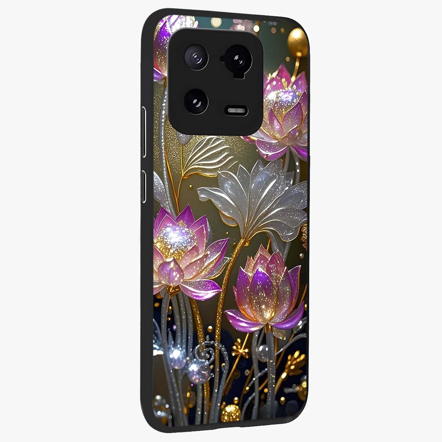 Golden Floral Majesty Glass Case upright view showcasing majestic floral artwork with rich decorative theme.
