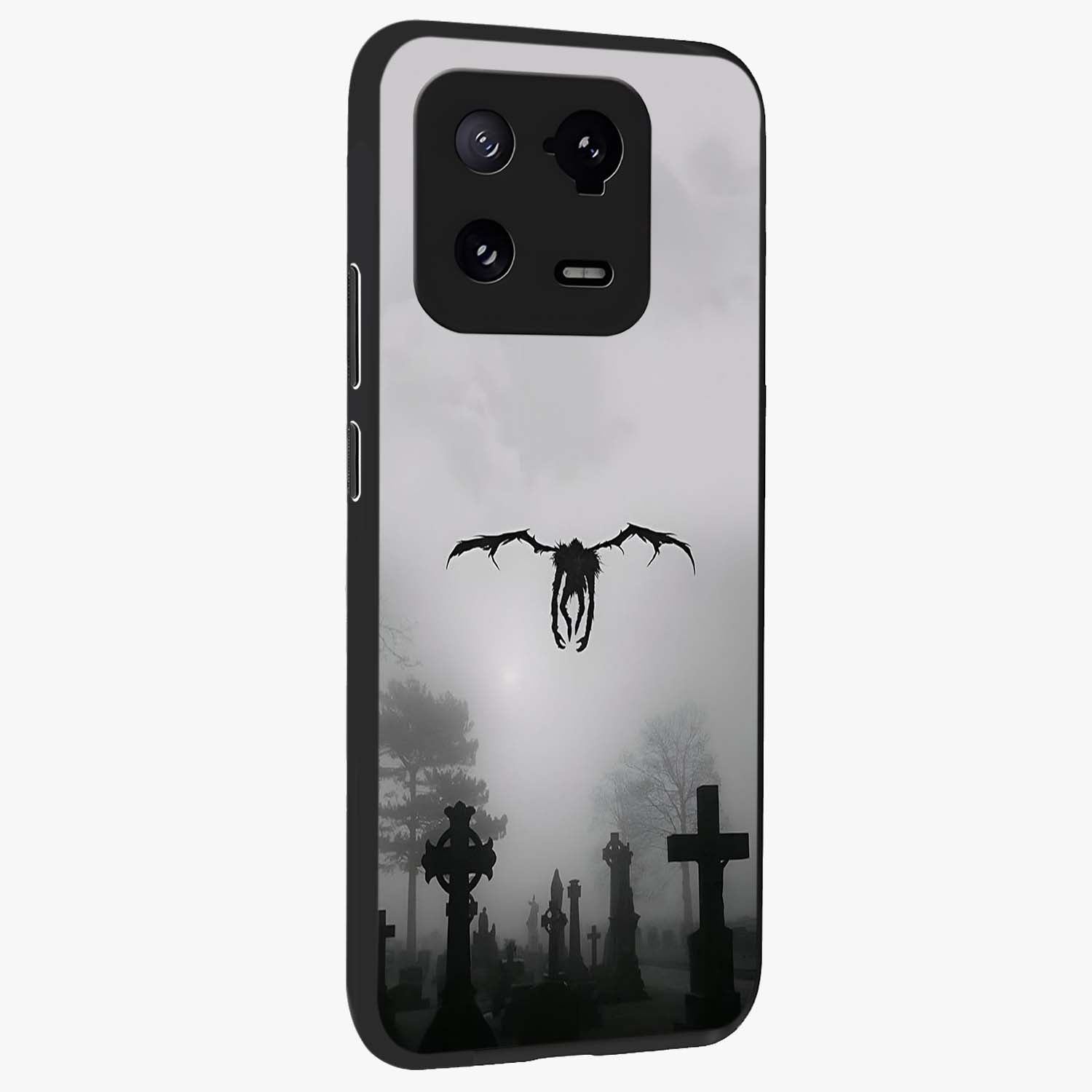 Graveyard Shadow Descent Glass Case upright view showcasing haunting graveyard artwork with dramatic dark theme.