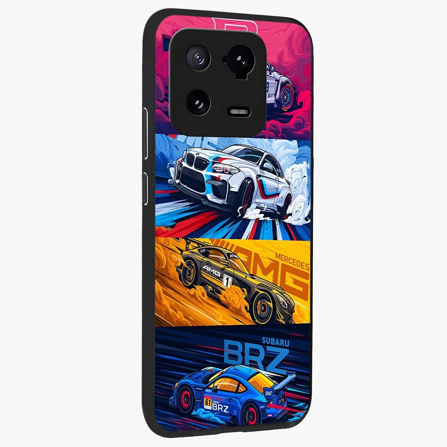 JDM Sports Car Glass Case upright view showcasing dynamic sports car artwork with bold racing theme.