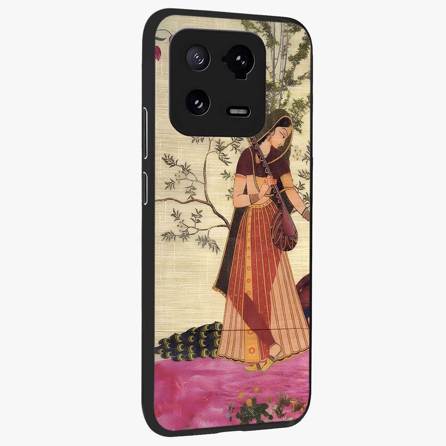 Lady With Veena Art Glass Case upright view showcasing classical veena artwork with traditional artistic theme.