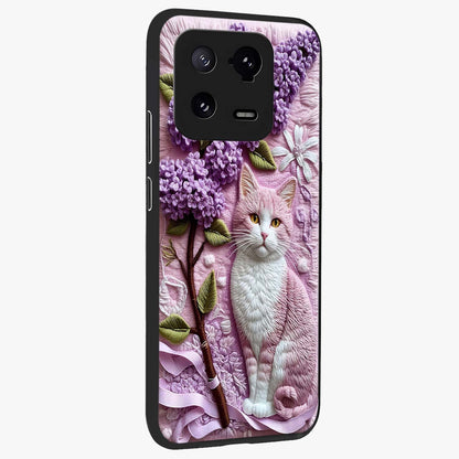 Lavender Cat Whimsy Glass Case upright view showcasing charming cat artwork with whimsical lavender theme.