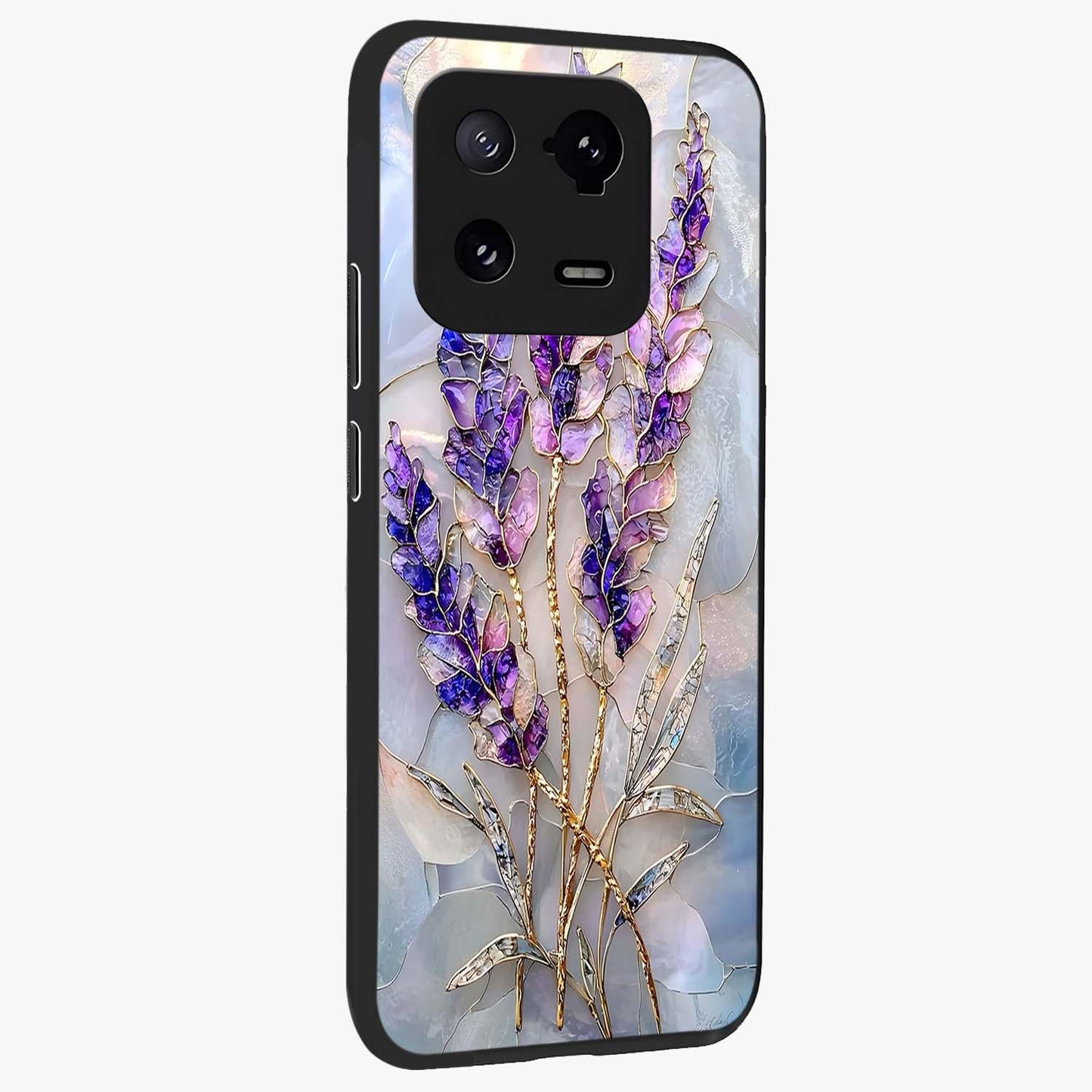 Lavender Dream Glow Glass Case upright view showcasing radiant lavender glow artwork with calming dreamy theme.