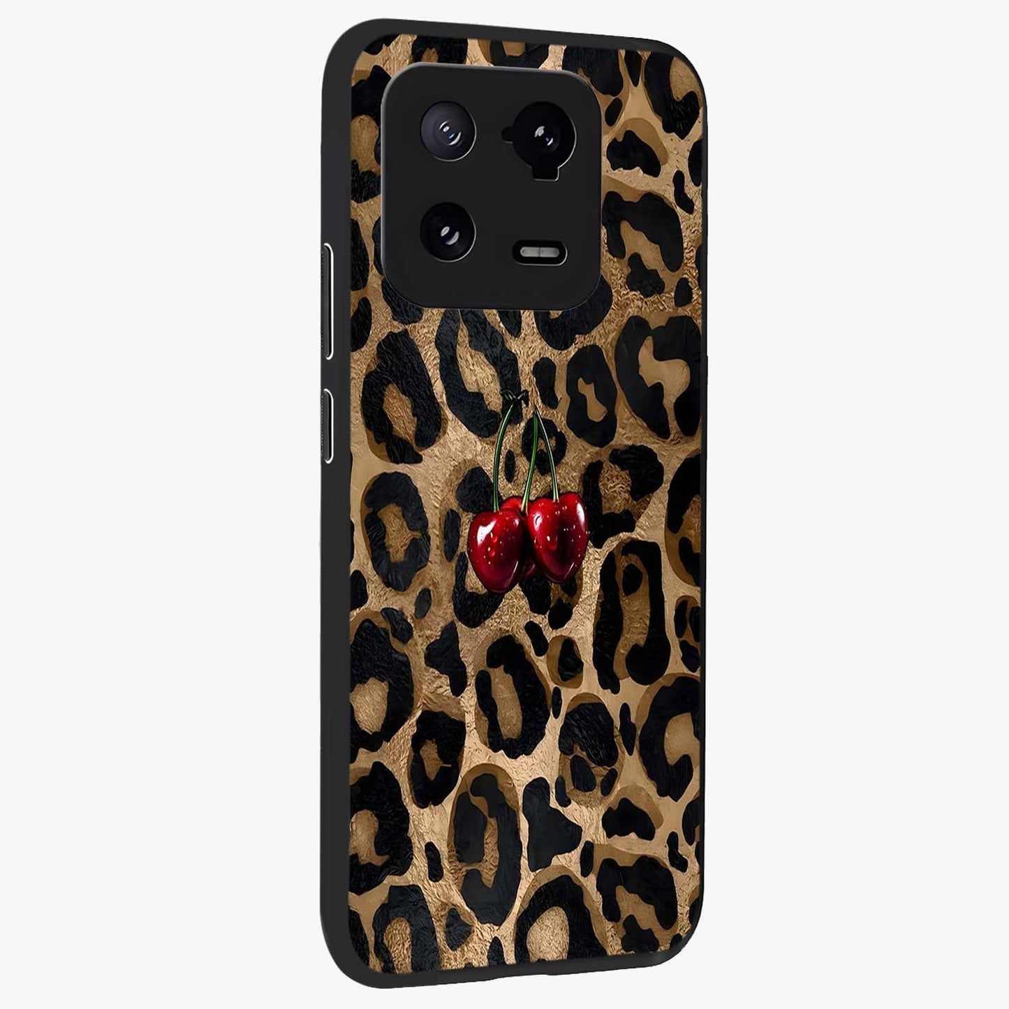 Leopard Wild Cherry Glass Case upright view showcasing stylish leopard pattern artwork with trendy fashion theme.