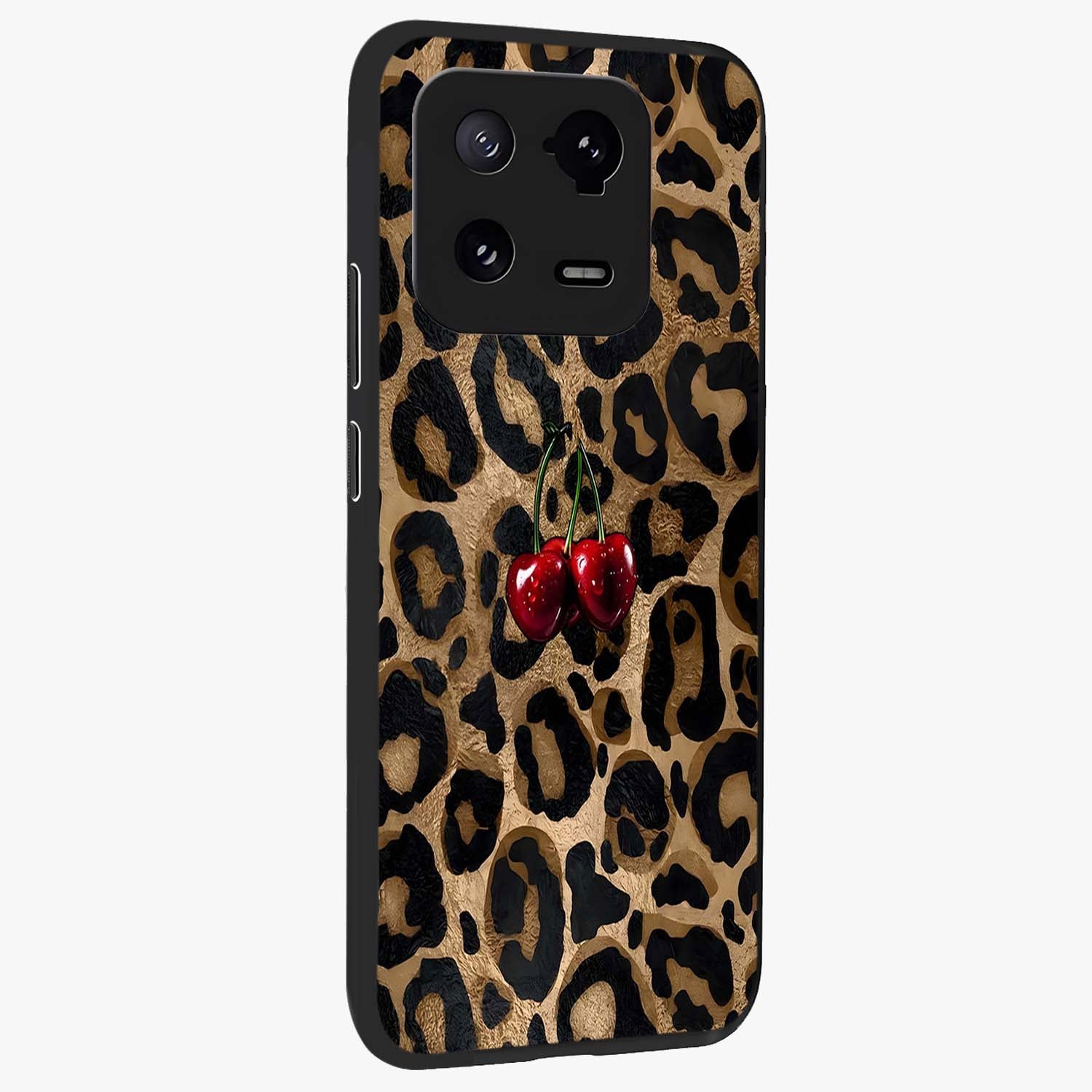 Leopard Wild Cherry Glass Case upright view showcasing stylish leopard pattern artwork with trendy fashion theme.