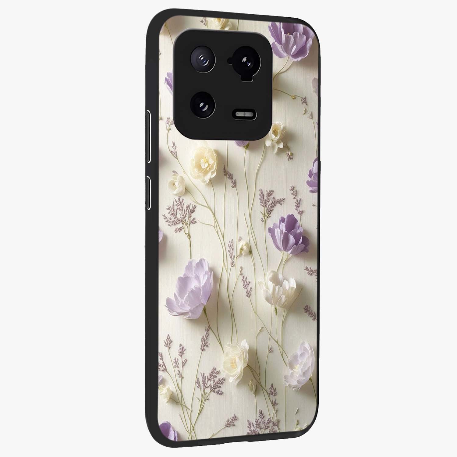 Lilac Breeze Harmony Glass Case upright view showcasing delicate lilac artwork with peaceful floral theme.