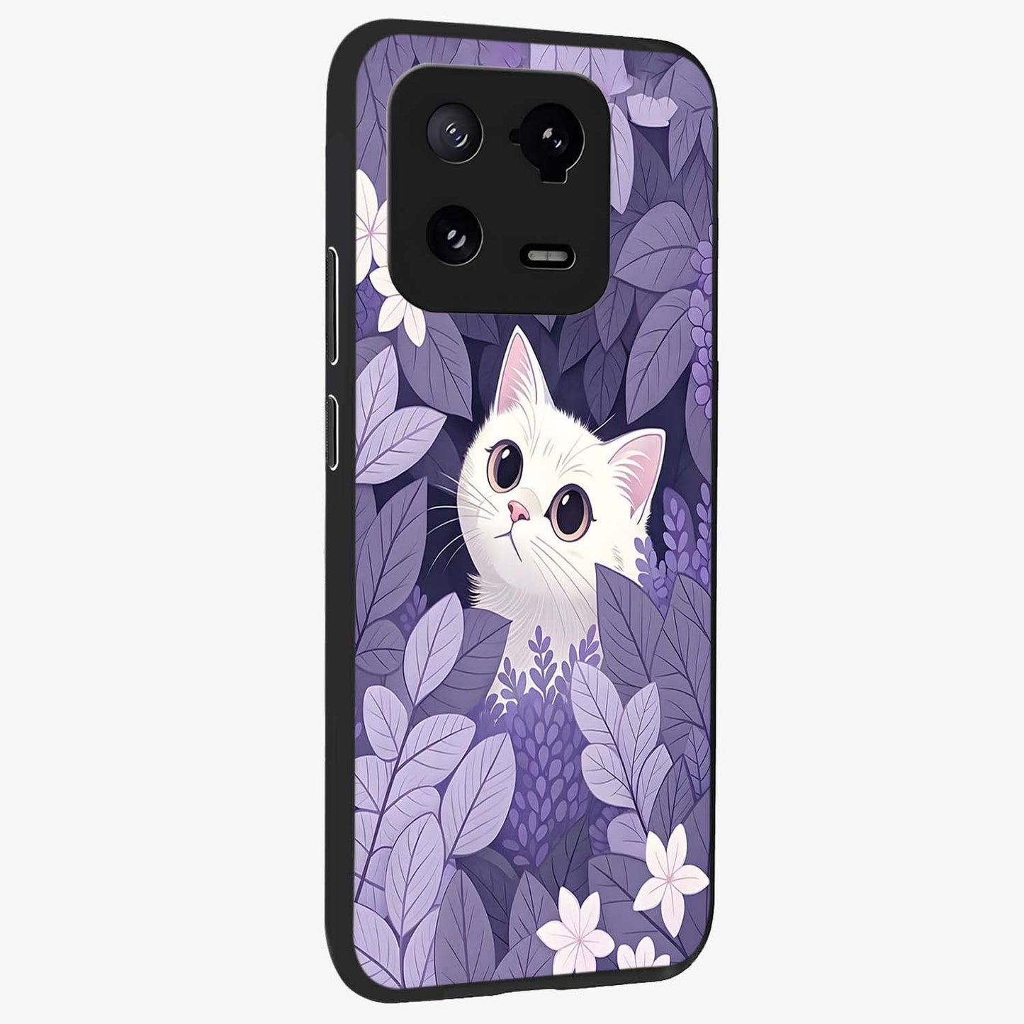 Lilac Hide Peek Cat Glass Case upright view showcasing charming cat artwork with adorable peek theme.