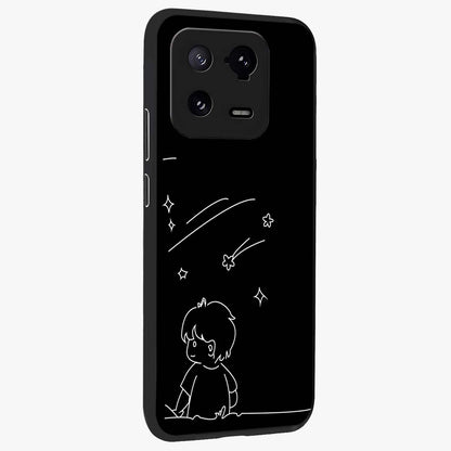 Line Art Boy With Shooting Stars Glass Case upright view showcasing artistic shooting star illustration with minimal style.