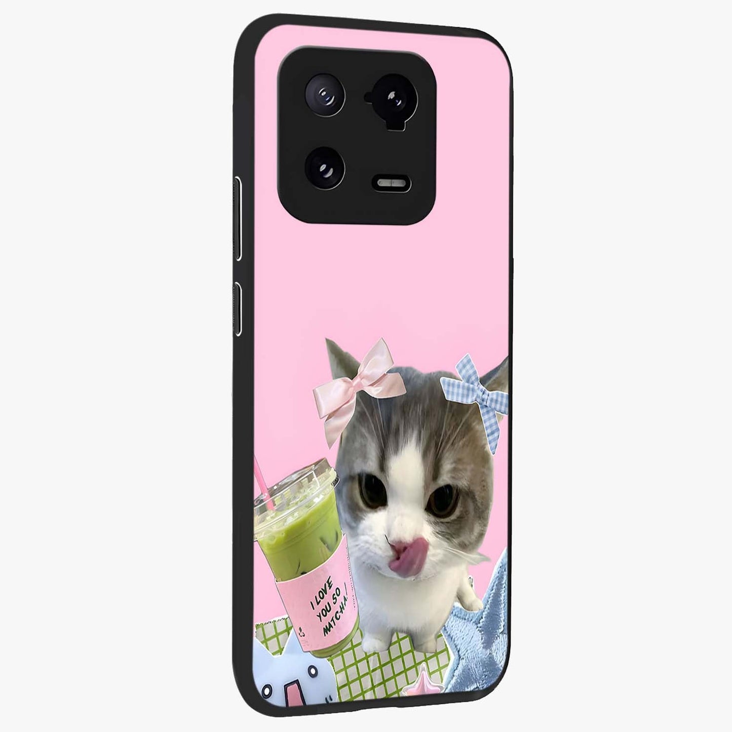 Love Matcha Cat Glass Case upright view showcasing adorable cat artwork with charming matcha themed design.