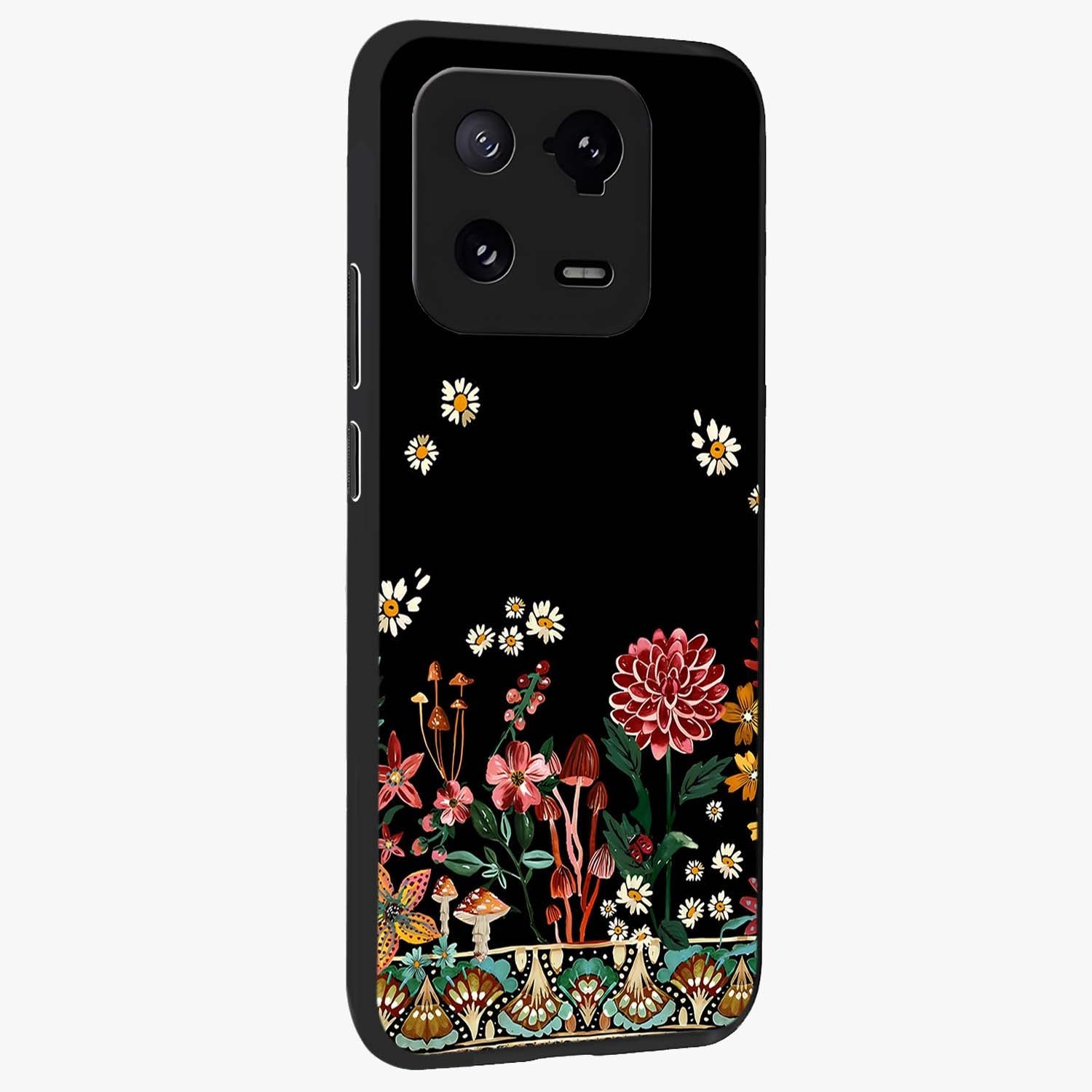 Midnight Bloom Pattern Glass Case upright view showcasing decorative floral artwork with deep night themed palette.