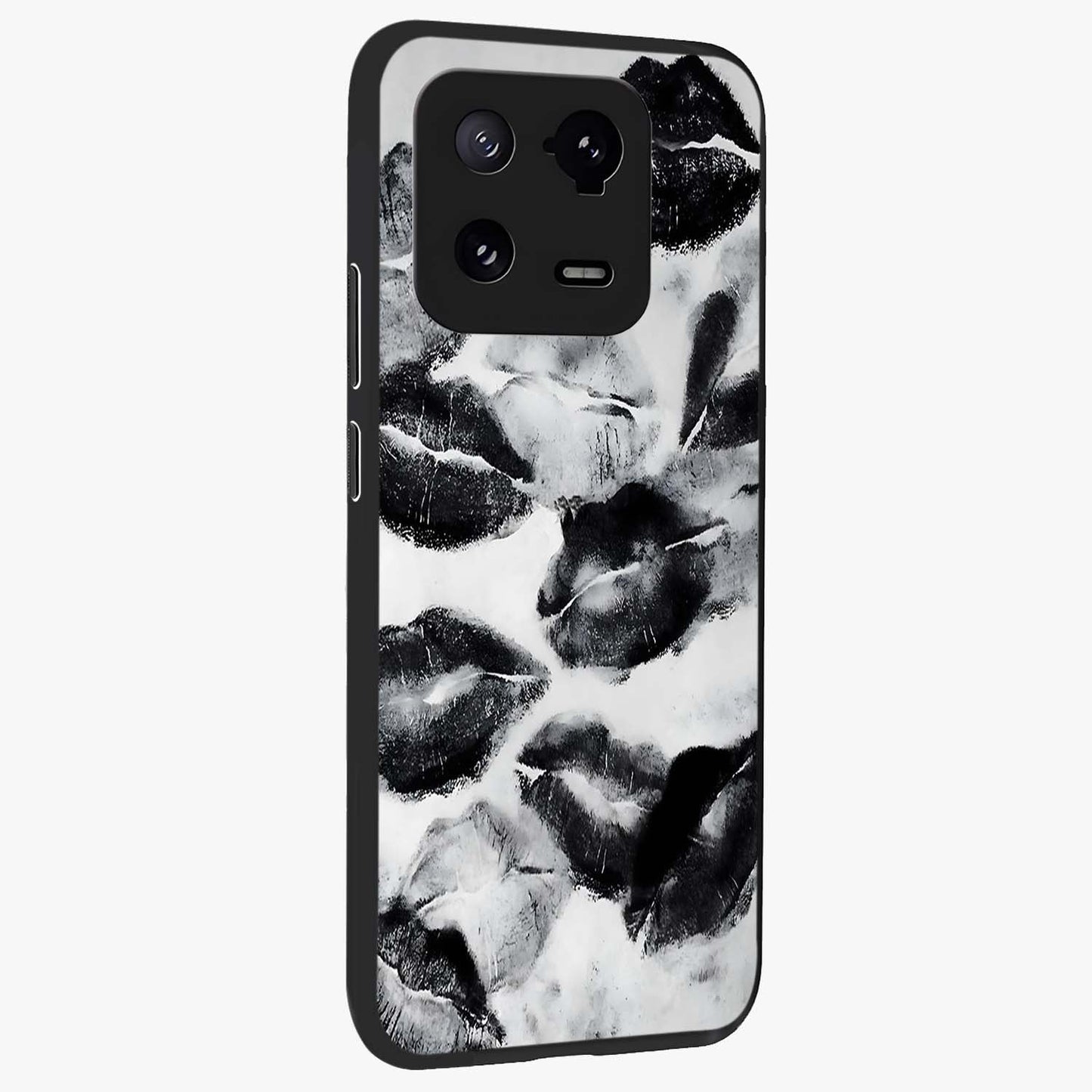Midnight Kiss Marks Glass Case upright view showcasing stylish kiss mark artwork with trendy romantic theme.