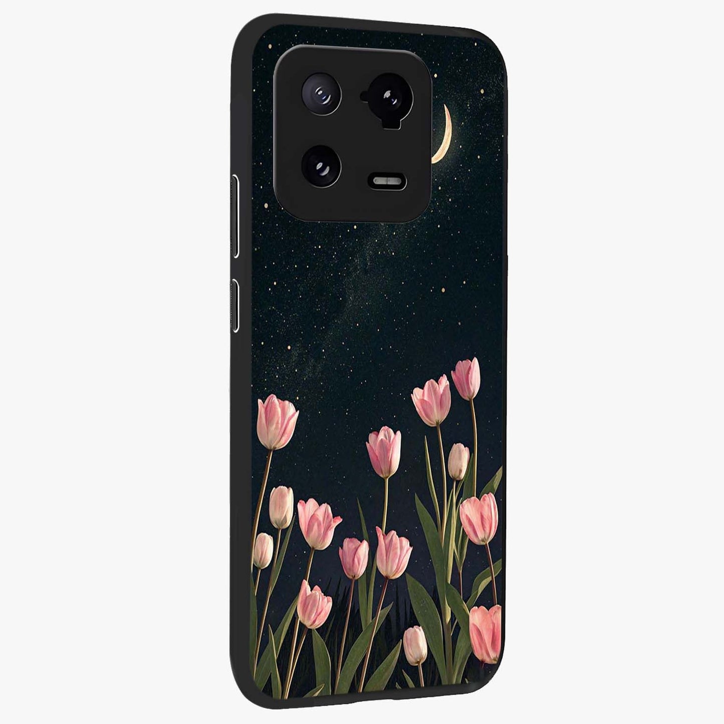 Midnight Tulip Whispers Vibe Glass Case upright view showcasing graceful tulip artwork with calm botanical theme.
