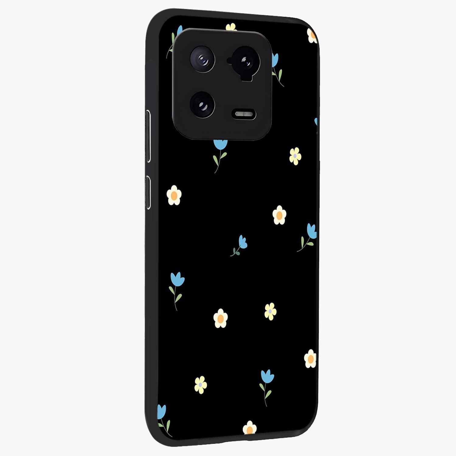 Minimal Petal Whispers Glass Case upright view showcasing elegant floral artwork with modern minimalist style.