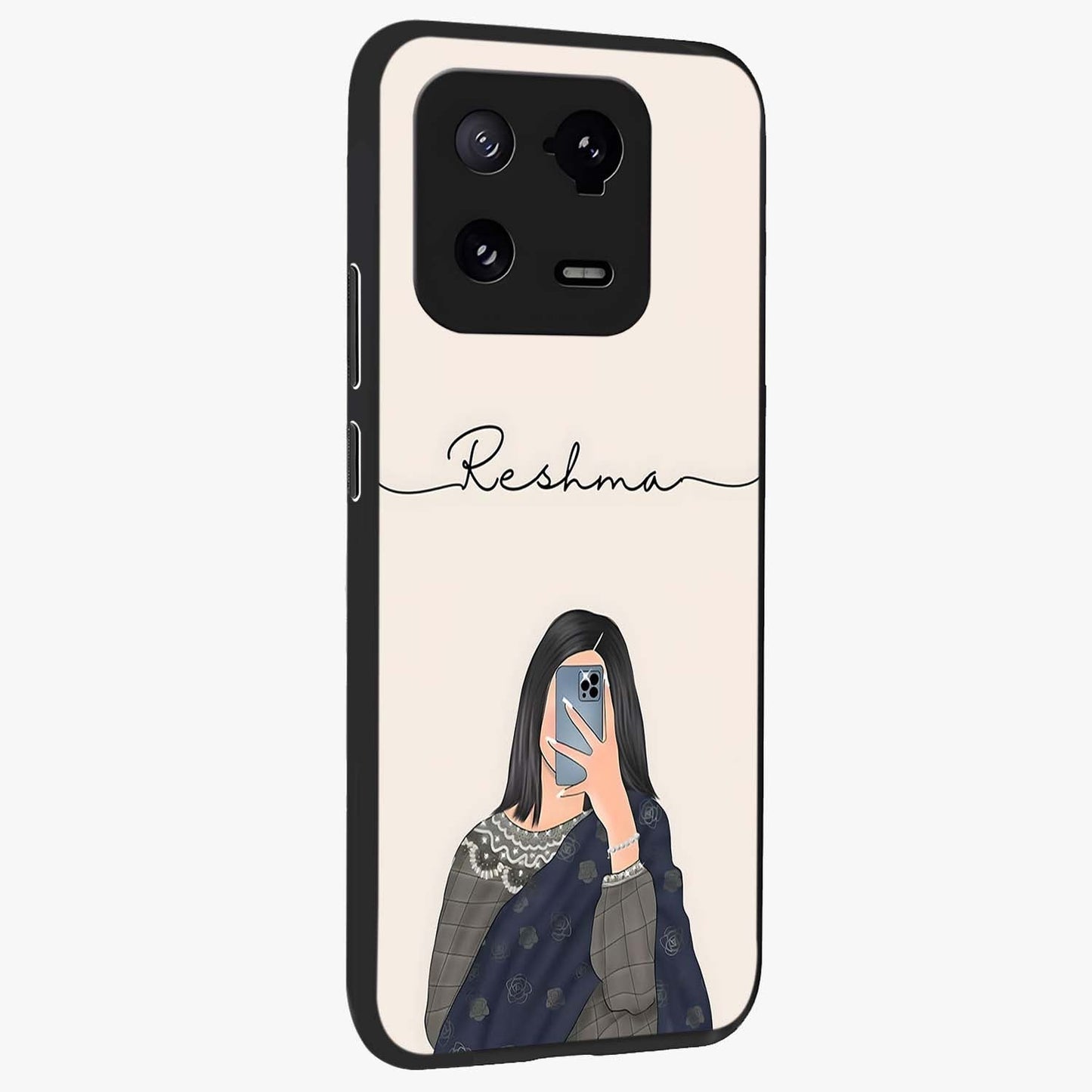 Mirror Mood Muse With Custom Name Glass Case upright view showcasing artistic mirror themed artwork with personalized aesthetic.