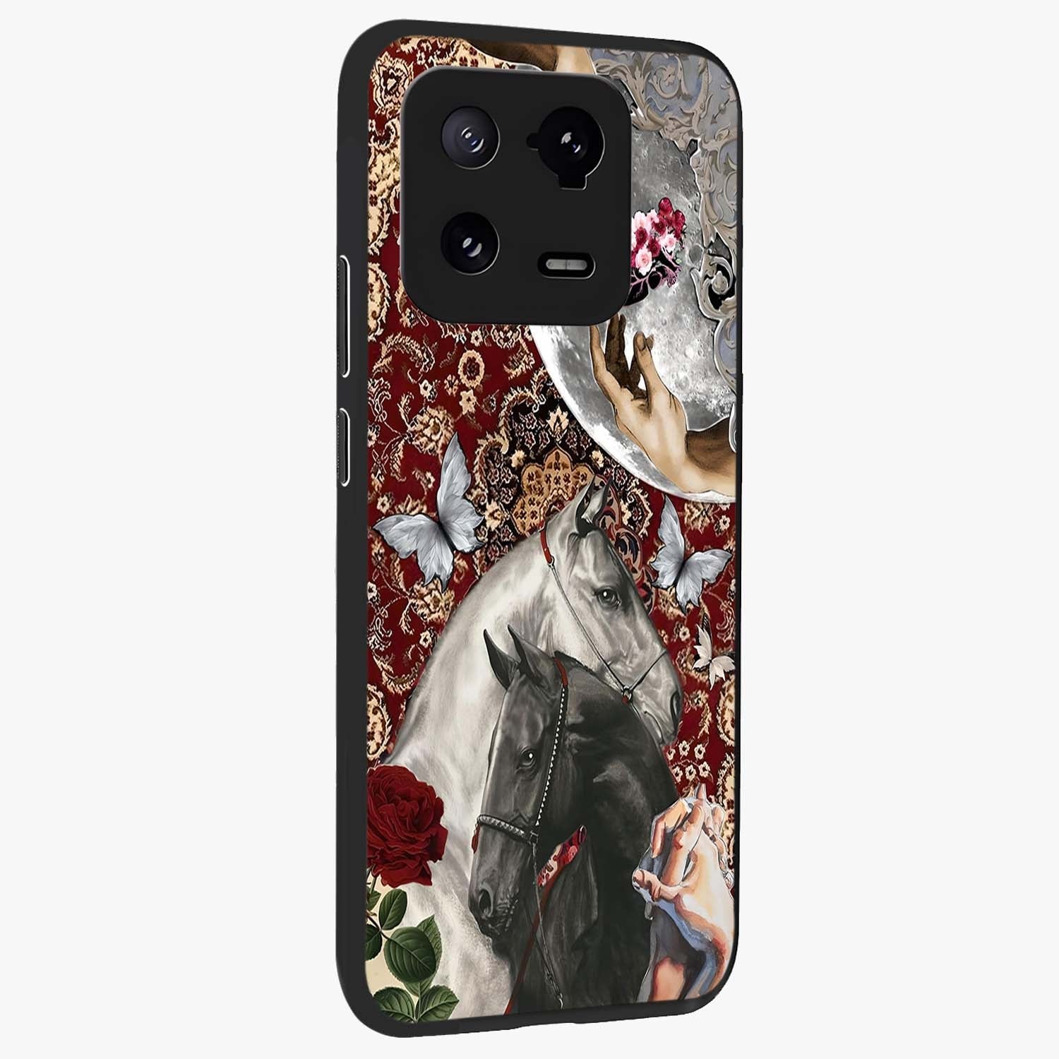 Moonlit Royal Stallion Glass Case upright view showcasing dramatic horse artwork with glowing moon themed design.