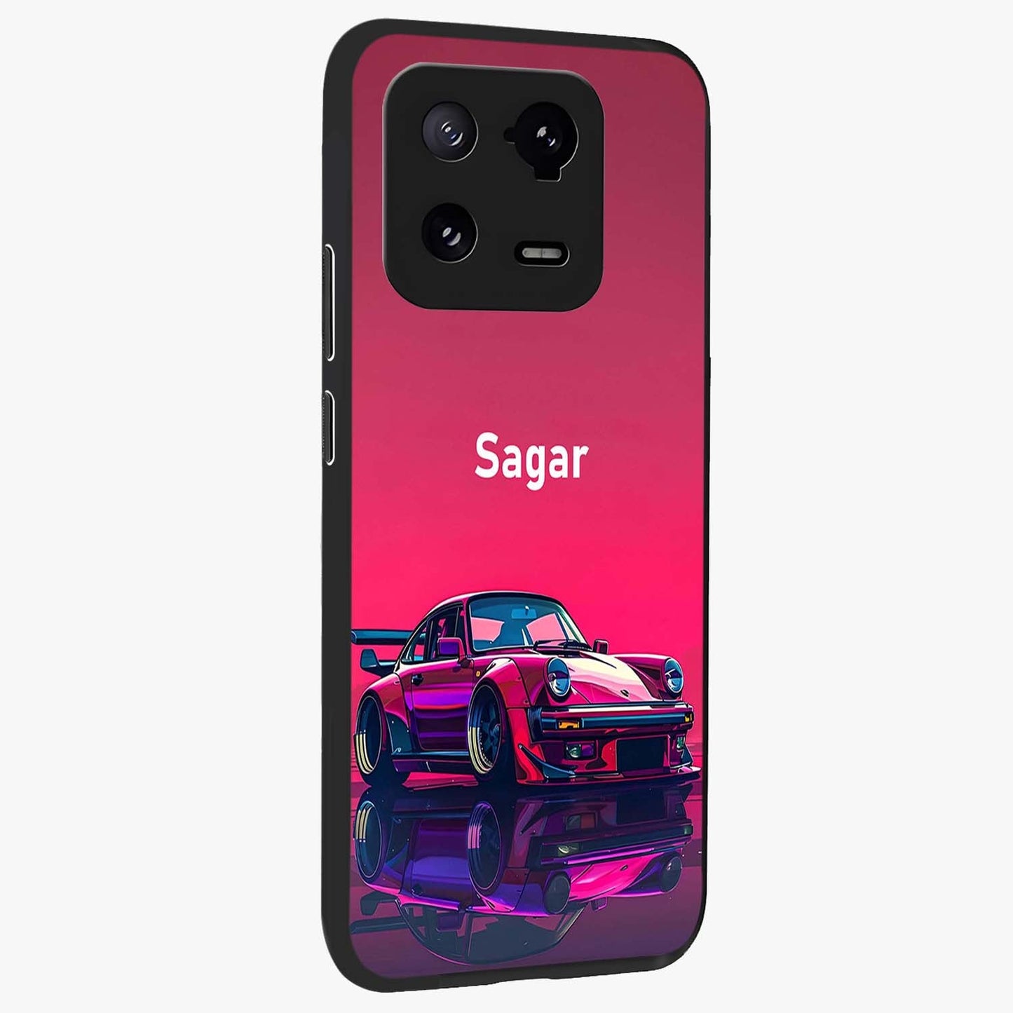 Neon Pink Porsche Glass Case upright view showcasing vibrant sports car artwork with bold automotive theme.