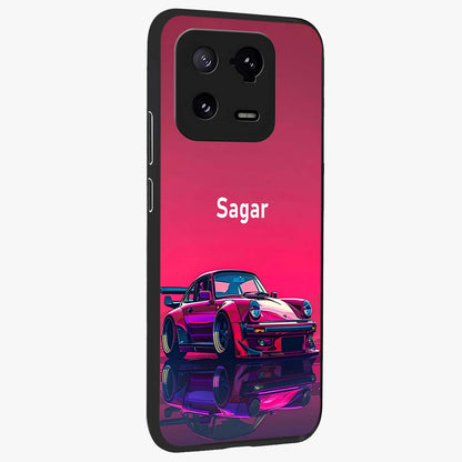 Neon Pink Porsche Glass Case upright view showcasing vibrant sports car artwork with bold automotive theme.