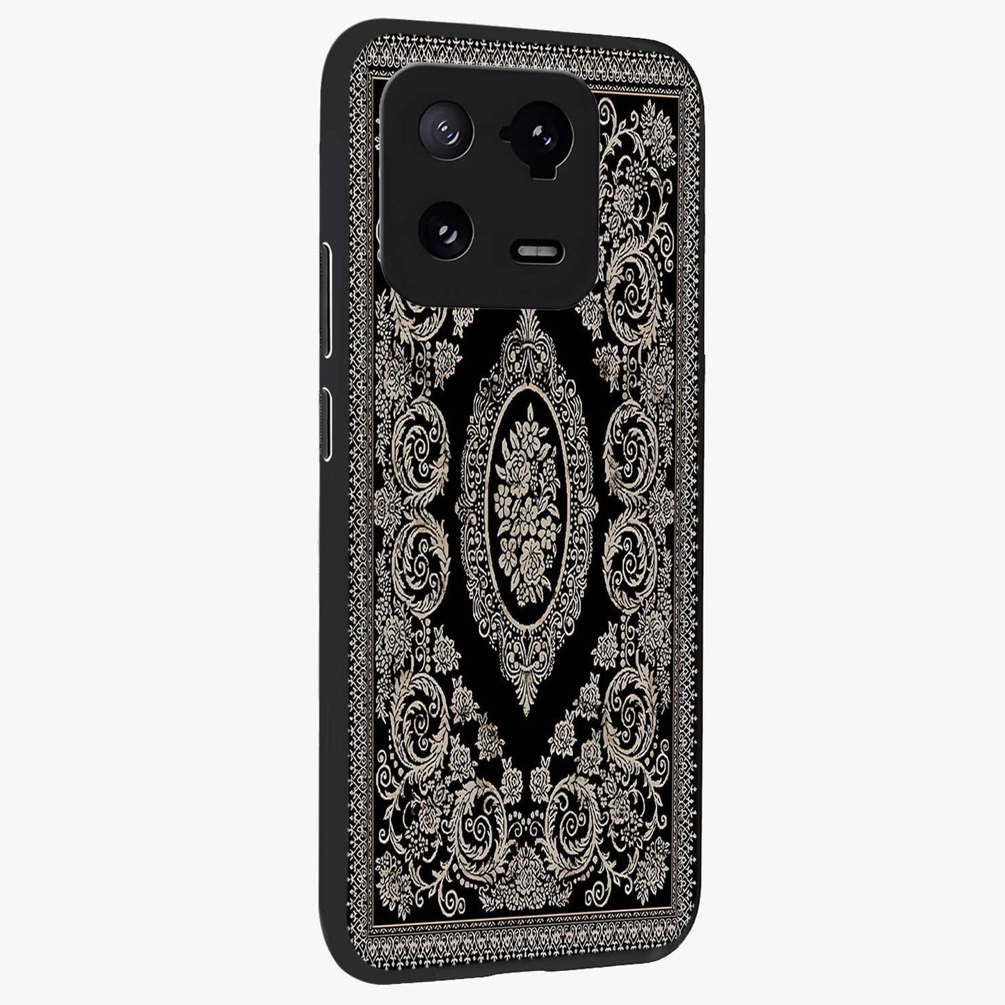 Noir Bloom Elegance Glass Case upright view showcasing graceful floral artwork with luxurious dark theme.