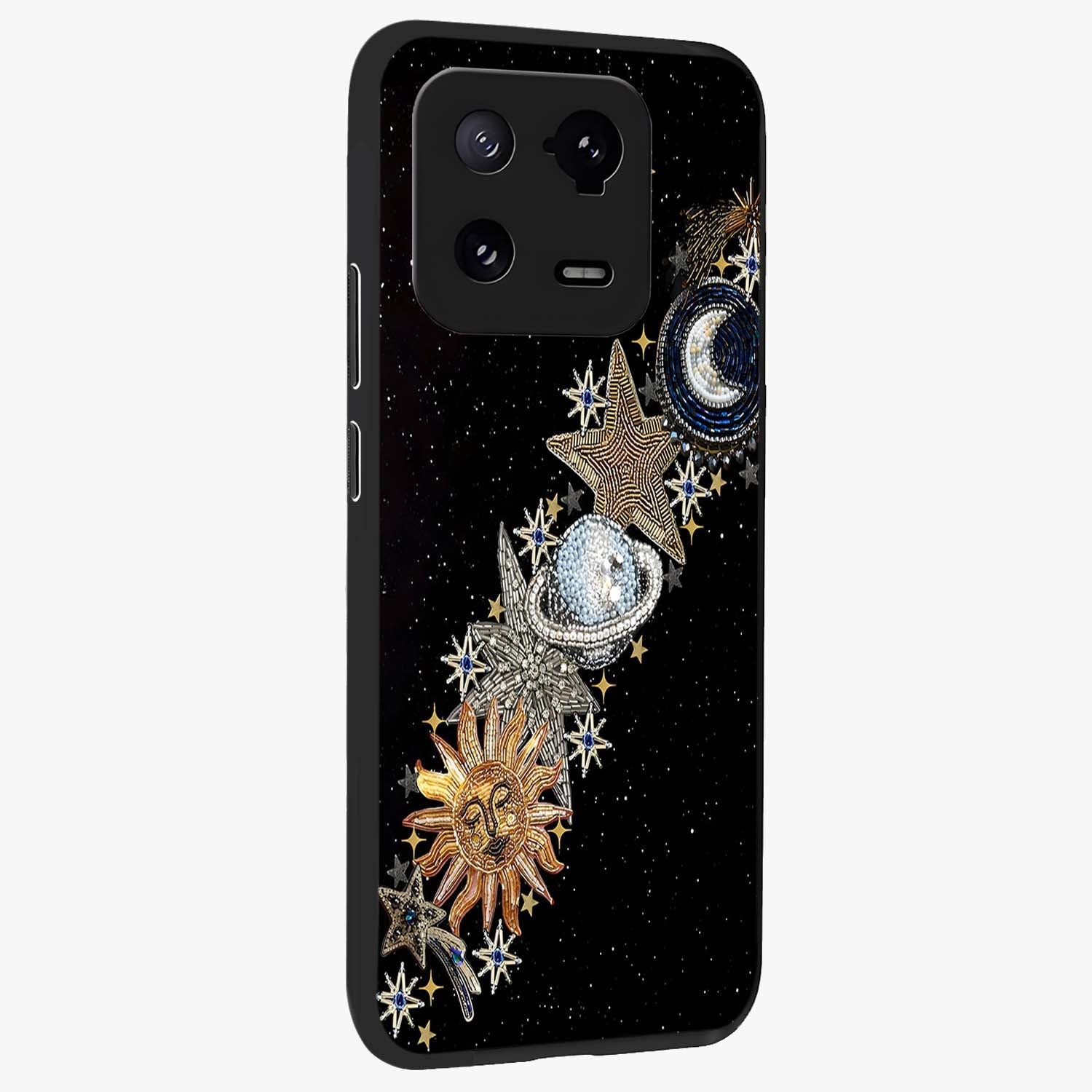 Pearls Universe Object Glass Case upright view showcasing decorative pearl themed artwork with cosmic elegance.