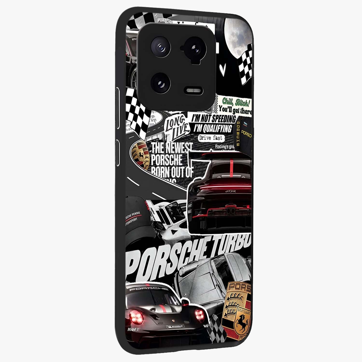 Porsche Racing Collage Glass Case upright view showcasing energetic car collage artwork with high speed racing theme.