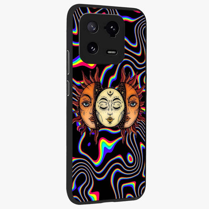 Psychedelic Sun Glass Case upright view showcasing trippy sun artwork with bold psychedelic theme.