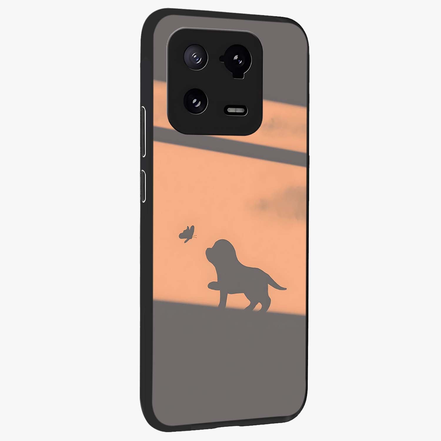 Puppy Shadow Art Glass Case upright view showcasing charming puppy artwork with creative silhouette theme.