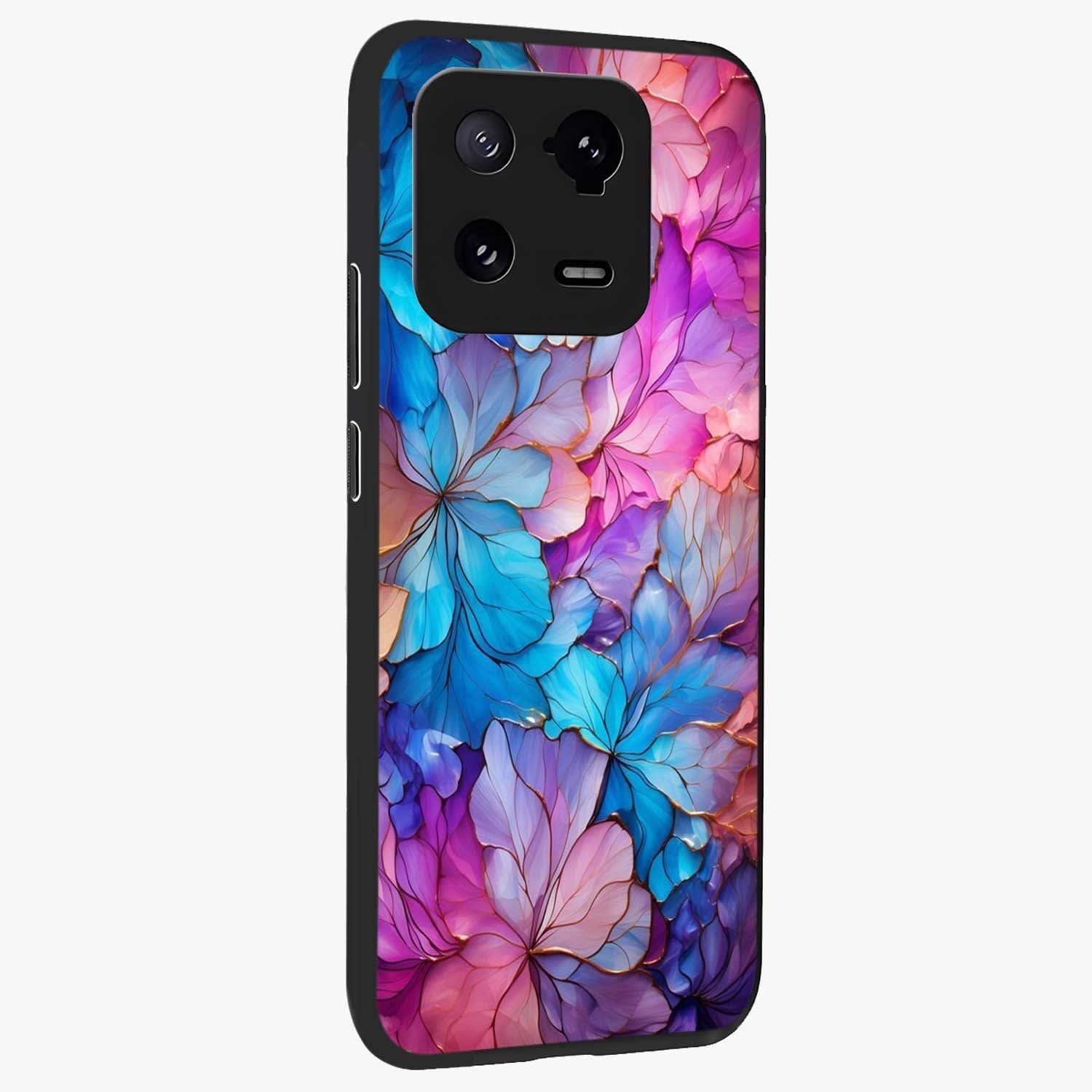 Radiant Floral Whirl Glass Case upright view showcasing lively floral artwork with decorative swirl theme.