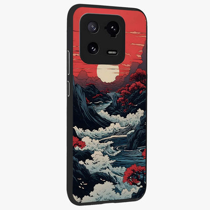 Red Sunset Scenery Glass Case upright view showcasing dramatic sunset scenery artwork with warm nature theme.