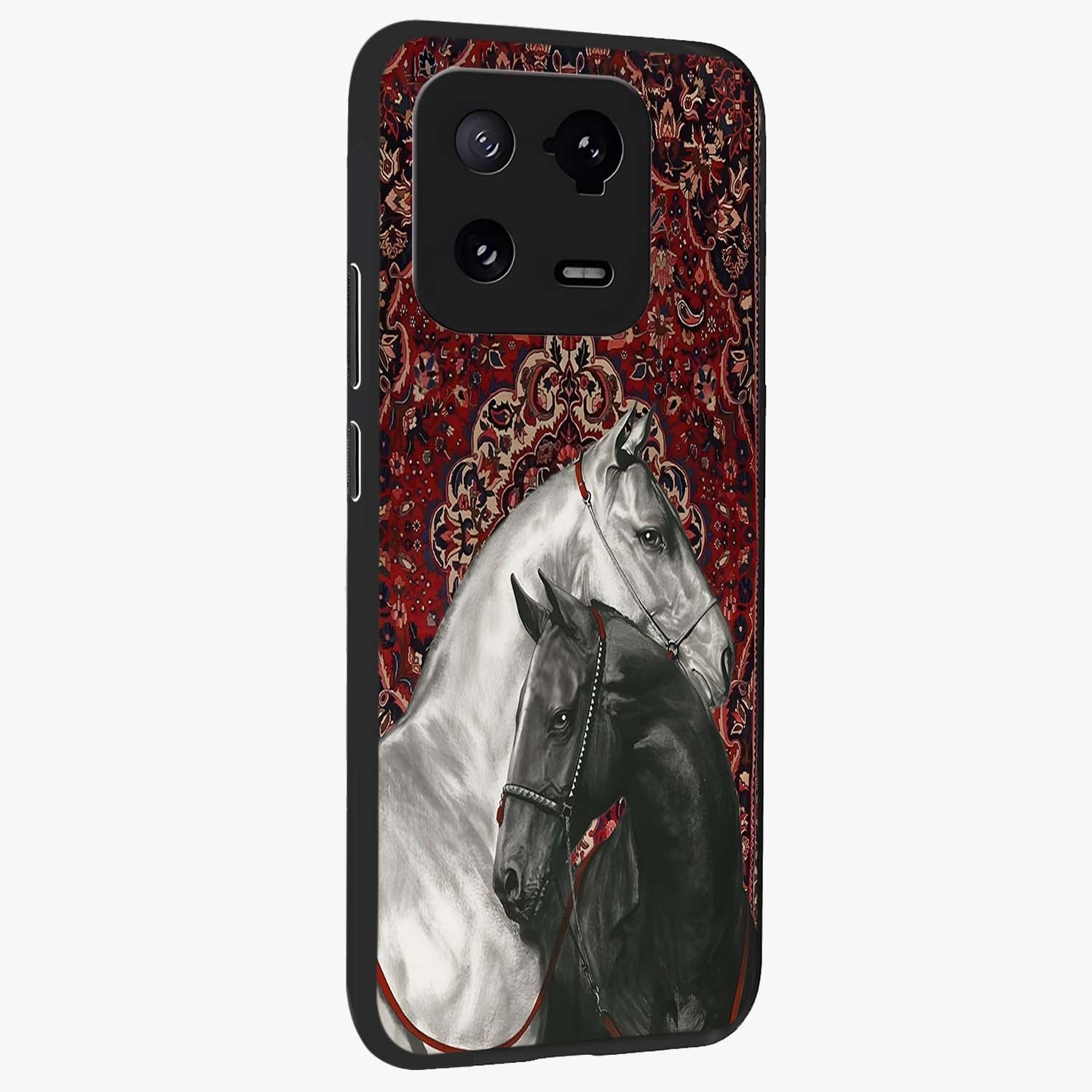 Regal Stallion Tapestry Glass Case upright view showcasing powerful horse artwork with elegant tapestry theme.