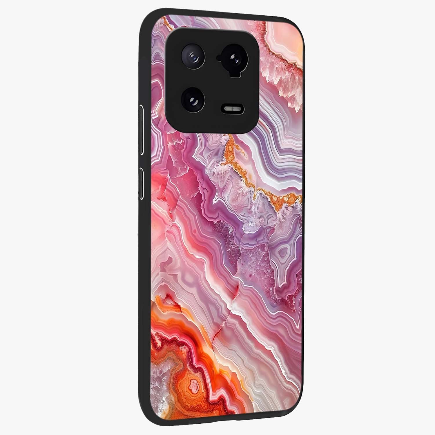 Rose Quartz Marble Glass Case upright view showcasing decorative marble artwork with luxurious pastel theme.