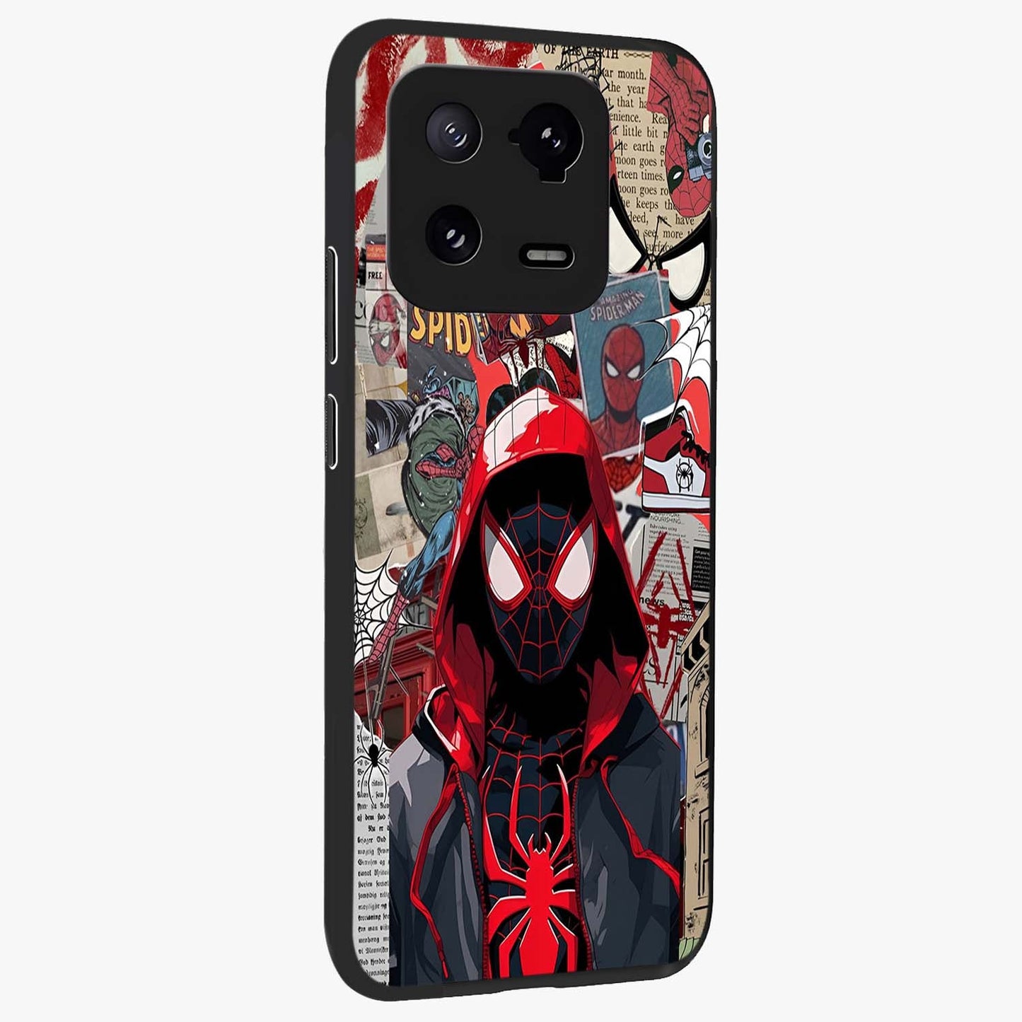 Spider Collage Street Glass Case upright view showcasing bold superhero artwork with urban street theme.