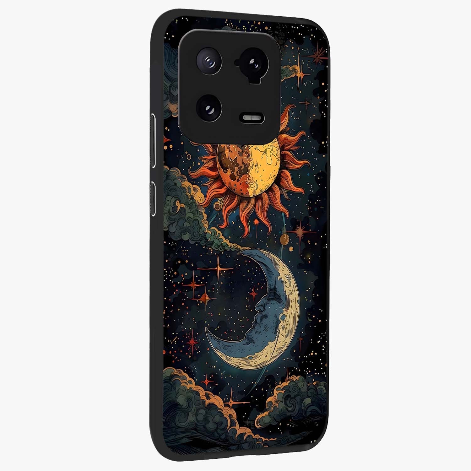 Sun And Moon Magic Design Glass Case upright view showcasing decorative sun and moon artwork with spiritual celestial theme.