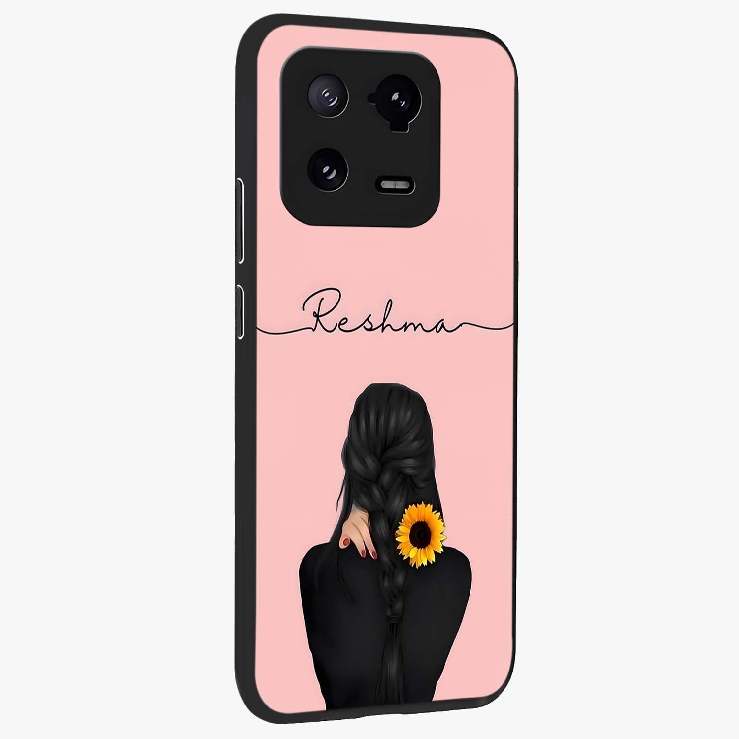 Sunflower Braid Beauty With Custom Name Glass Case upright view showcasing bright sunflower artwork with personalized floral aesthetic.