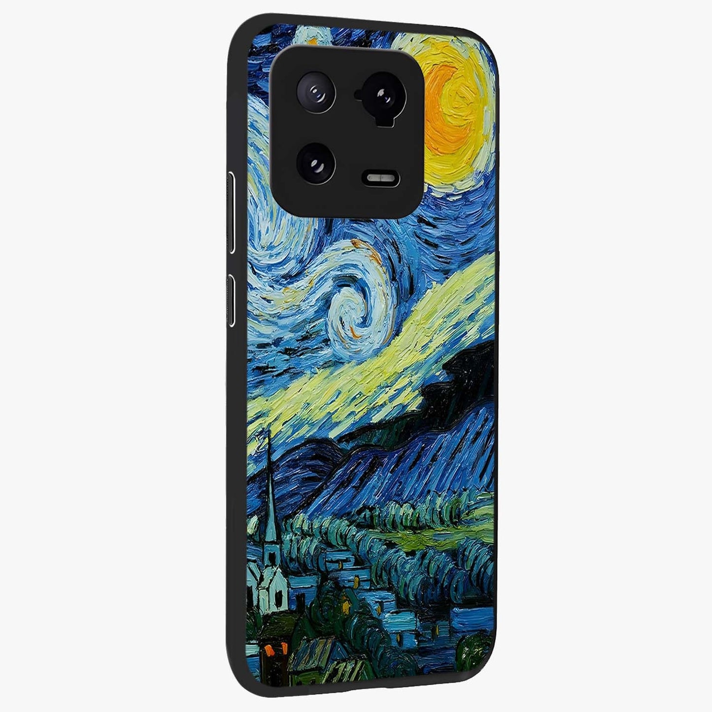 Van Gogh Art Glass Case upright view showcasing expressive painting style artwork with timeless artistic theme.