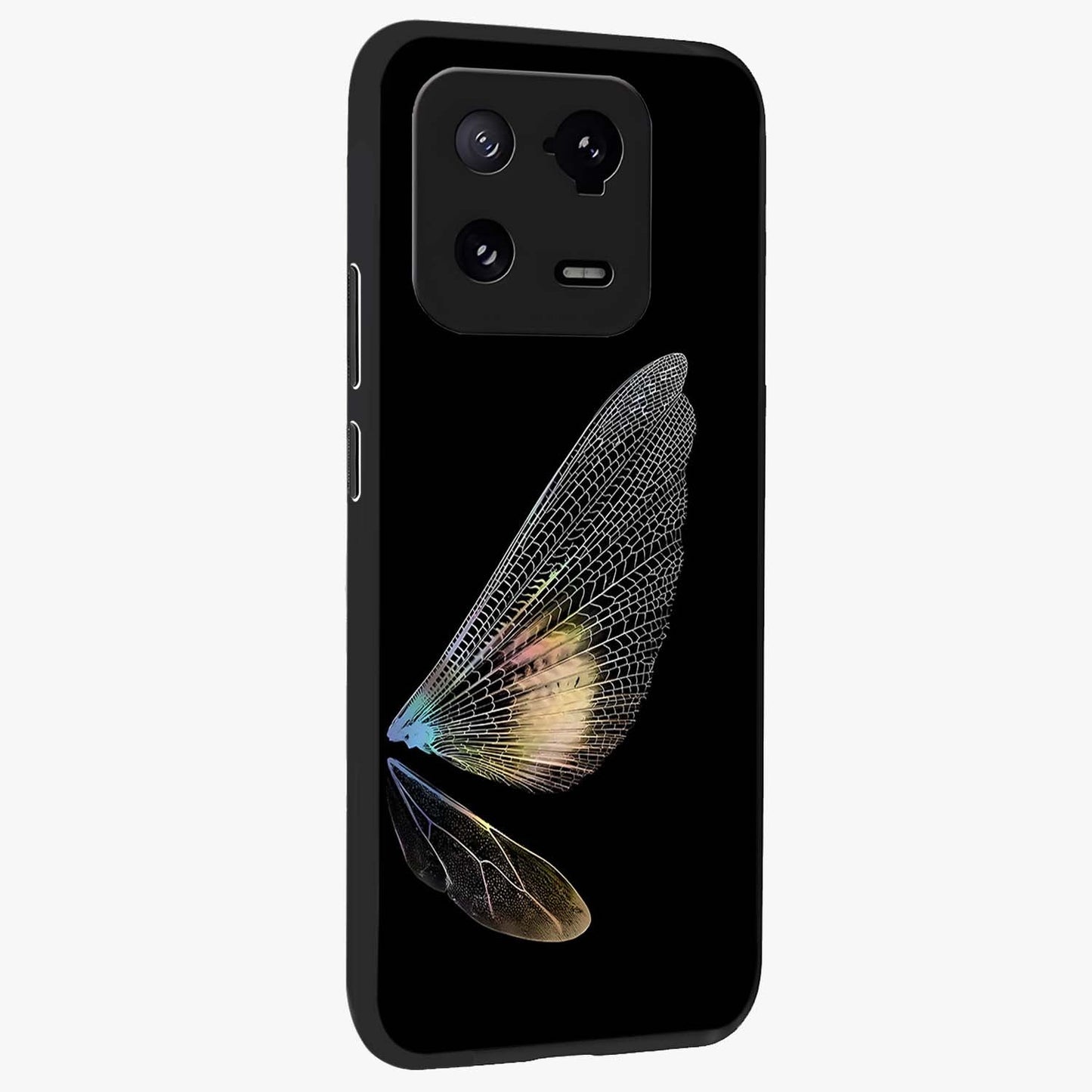 Whispers Of Wings Glass Case upright view showcasing elegant wing artwork with light airy theme.