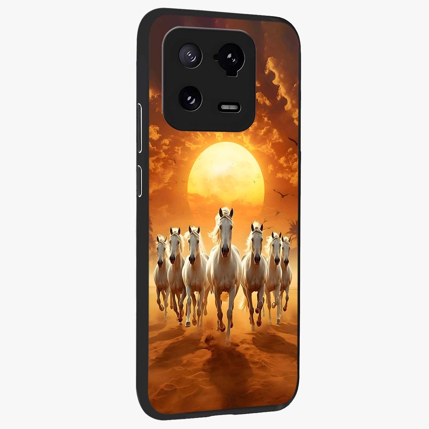 Wild Sunset Majesty Glass Case upright view showcasing dramatic sunset artwork with bold nature theme.