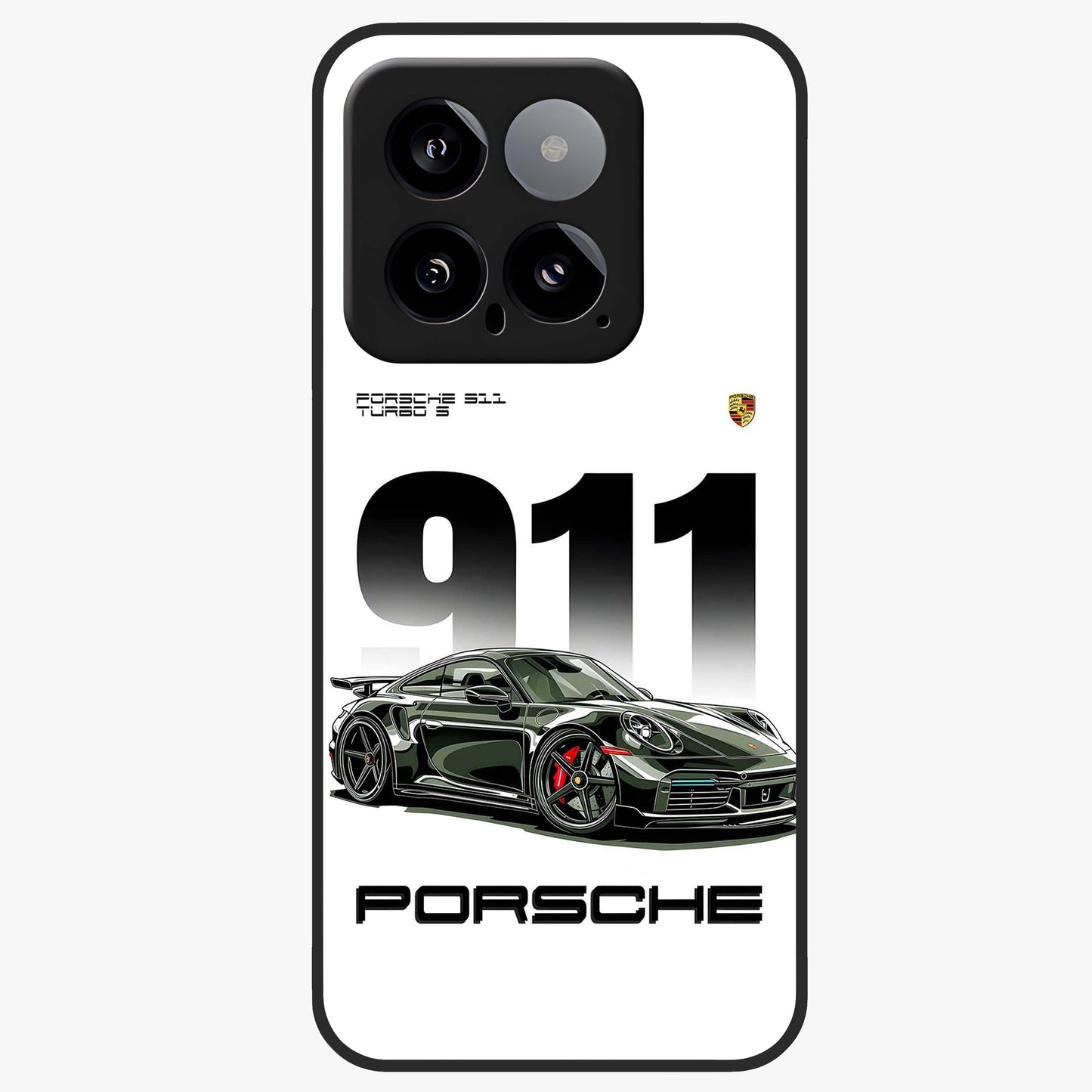 911 Turbo Dominance Glass Case showing clean flat back view with bold 911 sports car artwork and glossy glass finish.
