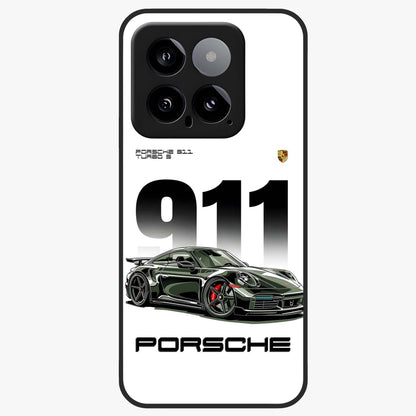 911 Turbo Dominance Glass Case showing clean flat back view with bold 911 sports car artwork and glossy glass finish.