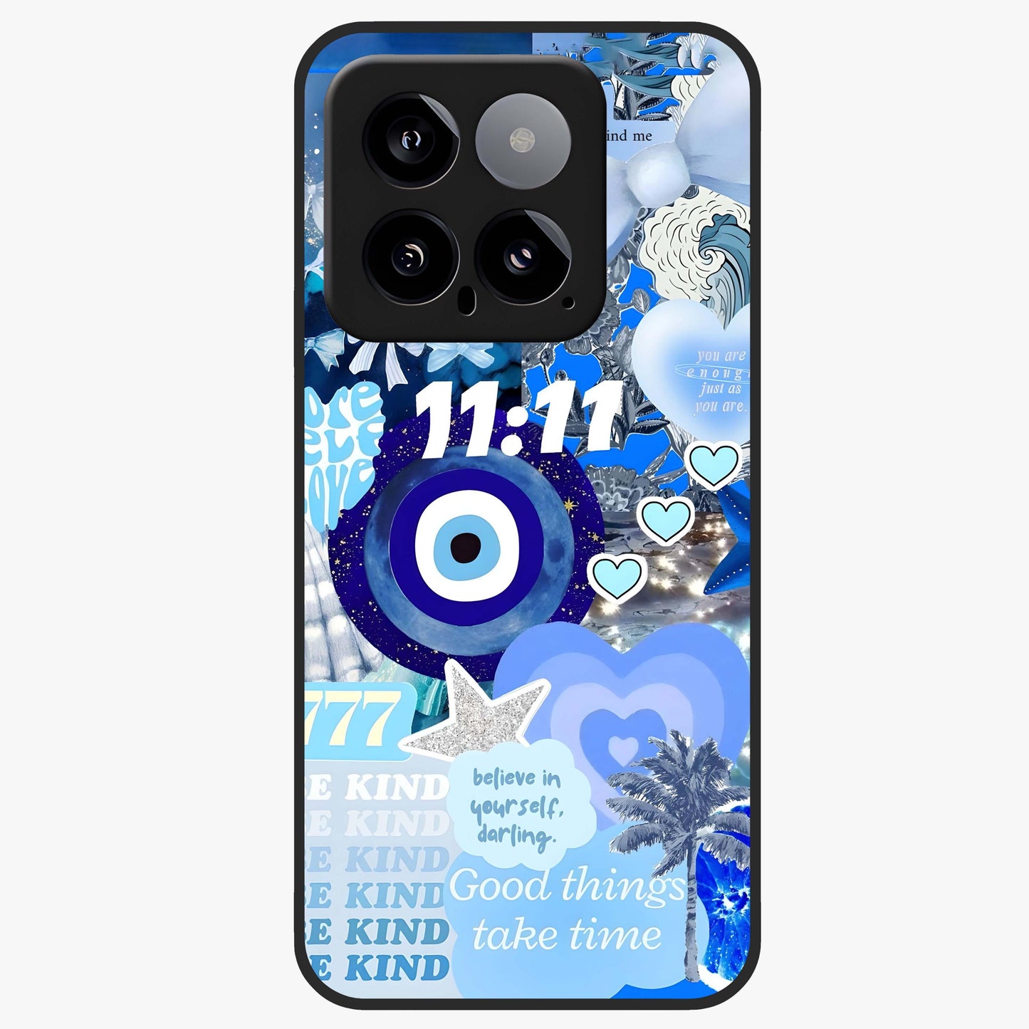 Aesthetic Be Kind Eye Glass Case showing flat back view with motivational eye artwork and glossy glass finish.
