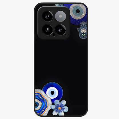Aesthetic Blue Evil Eye Glass Case showing flat back view with protective evil eye artwork and glossy glass finish.