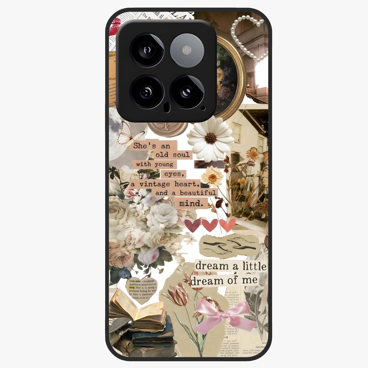 Aesthetic Brown Vintage Collage Glass Case showing flat back view with retro collage artwork and glossy glass finish.