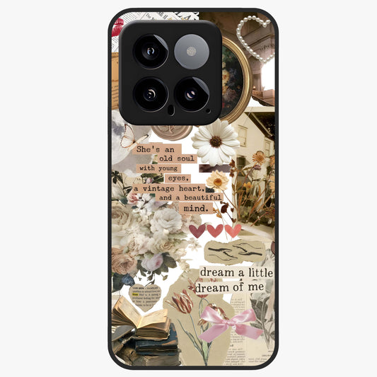 Aesthetic Brown Vintage Collage Glass Case showing flat back view with retro collage artwork and glossy glass finish.